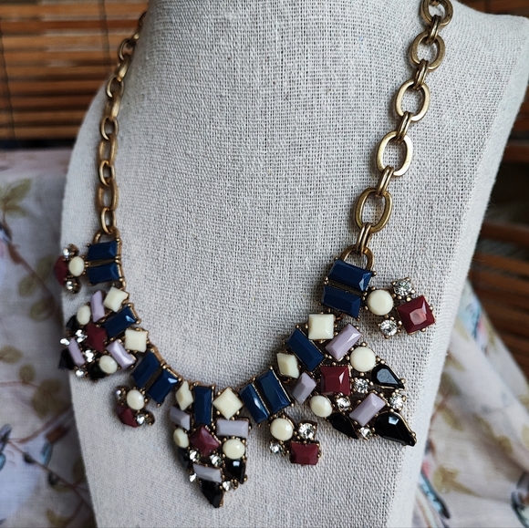 J. Crew Art Deco Revival Brass Tone Necklace Lifesaver Clasp Navy Lavender EUC - Picture 2 of 10